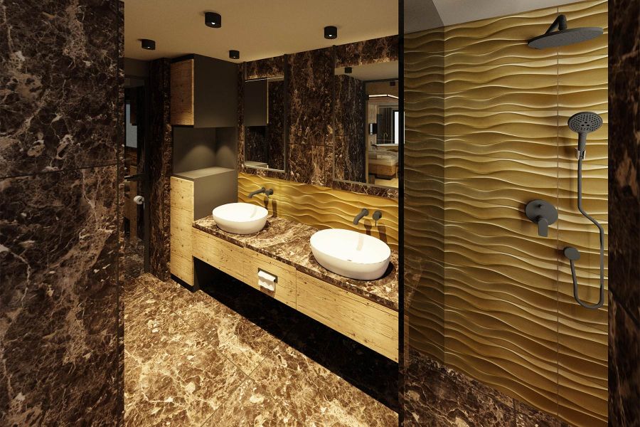 Badezimmer mit goldenen 3D-Effekt-Fliesen